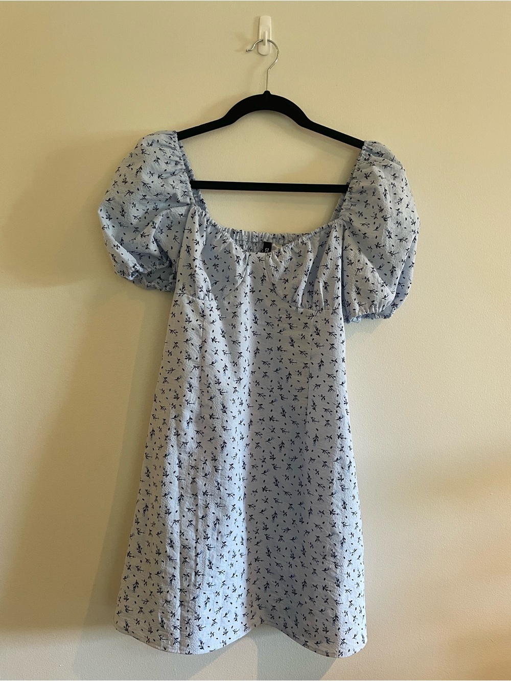 Light Blue Puff Sleeve Mini Dress with Navy Floral Print